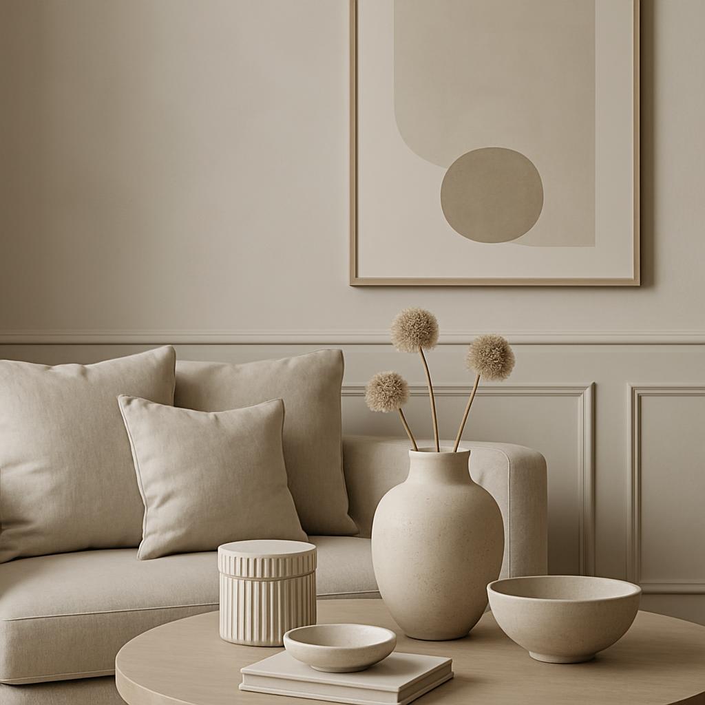Um living em tons de bege com sofá, vaso e flores.